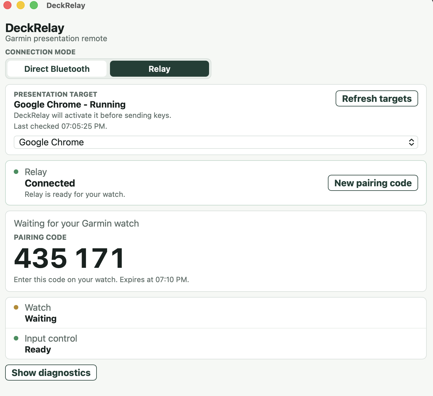 DeckRelay desktop app displaying a six-digit Relay pairing code