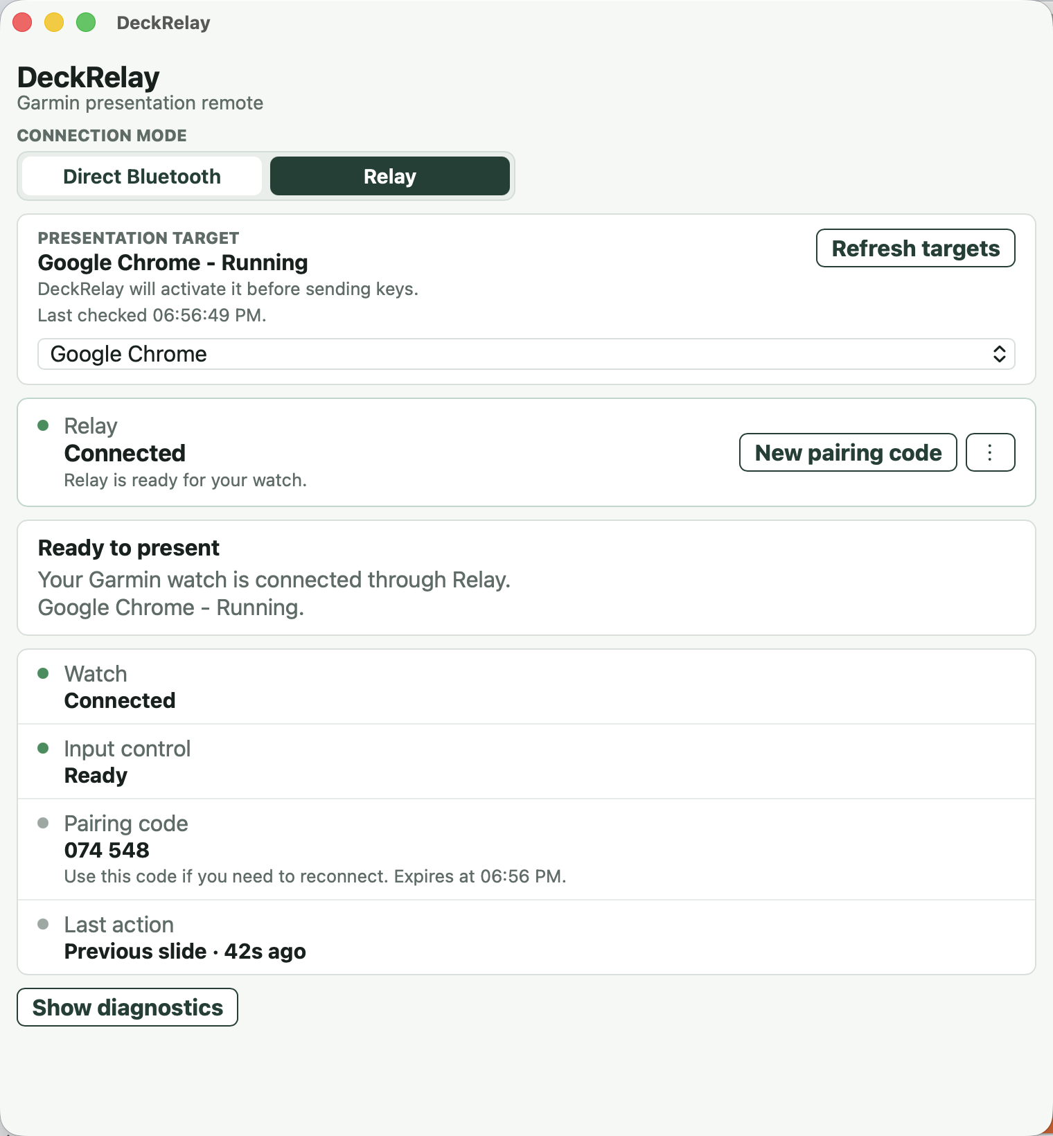 DeckRelay desktop app connected to a Garmin watch through Relay