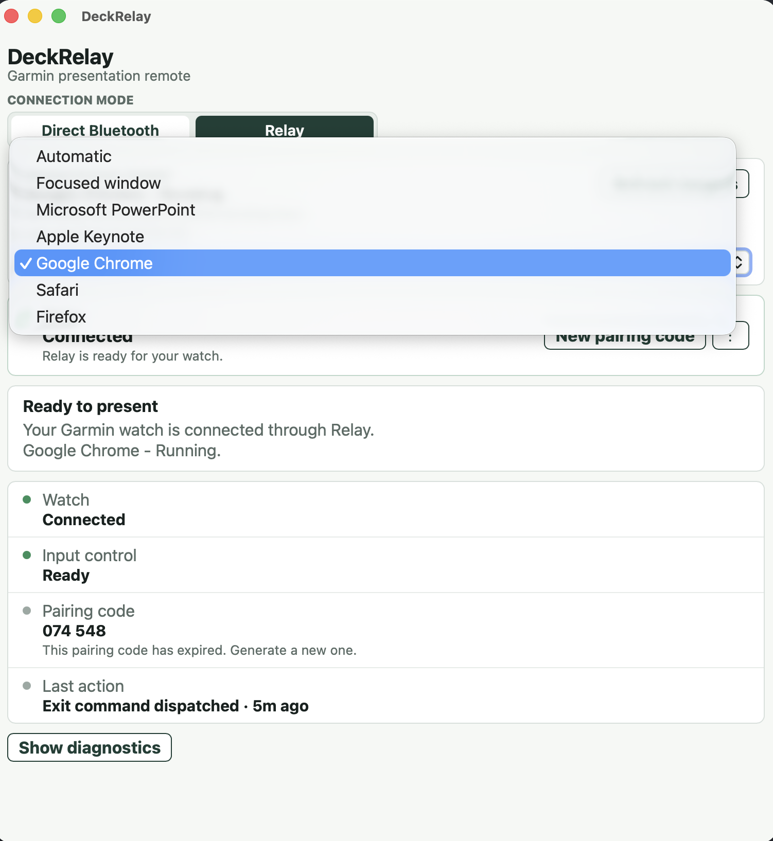 DeckRelay presentation target list with PowerPoint, Keynote, Chrome, Safari and Firefox