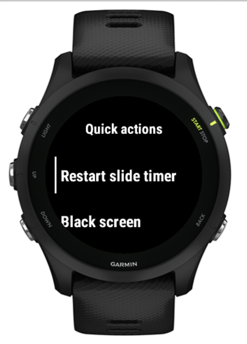 Garmin watch showing DeckRelay quick actions for timer, black screen and ending a presentation