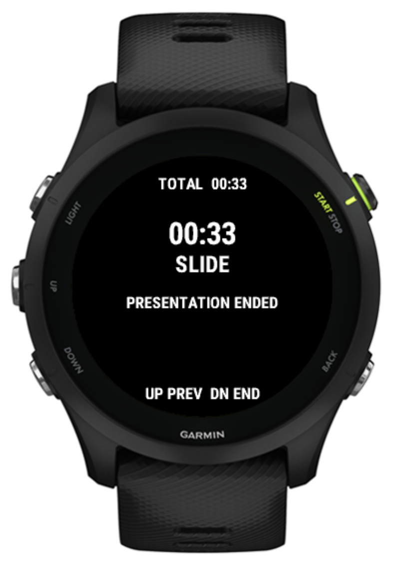 DeckRelay watch app showing presentation ended