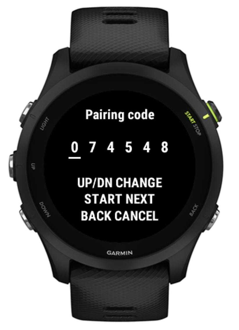 Garmin watch pairing code entry screen