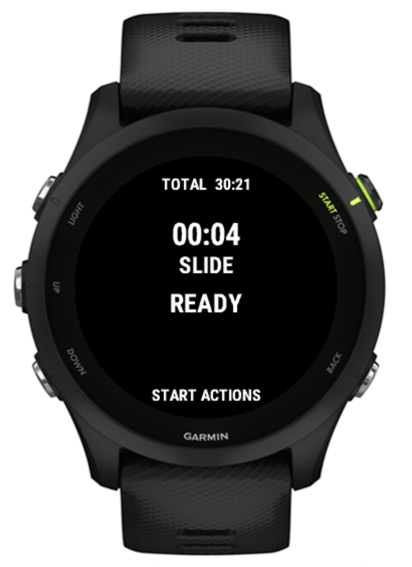 DeckRelay running on a Garmin watch, showing slide and total timers in the ready state